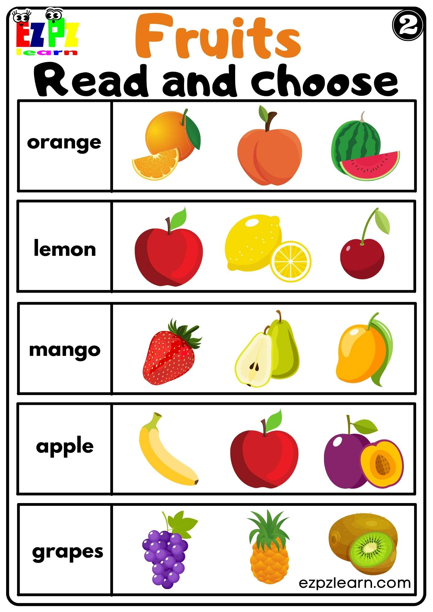 Fruits Read and Choose Worksheet for K5 Kindergarten and ESL Free PDF Download Set 2